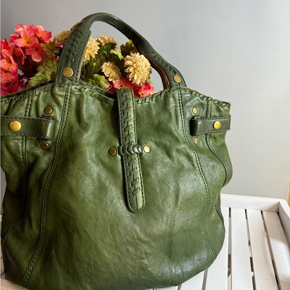 LUCKY BRAND Olive Green Leather Vintage Inspired HOBO Bag Braided Stitch Tote - Picture 1 of 7